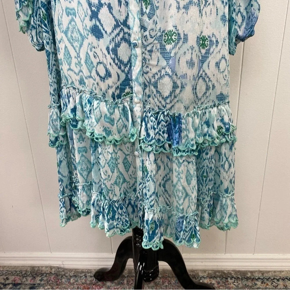 Miss June Paris Blue Green White Ikat Print Long Sleeve Embroidered Ruffle Dress - Picture 16 of 16